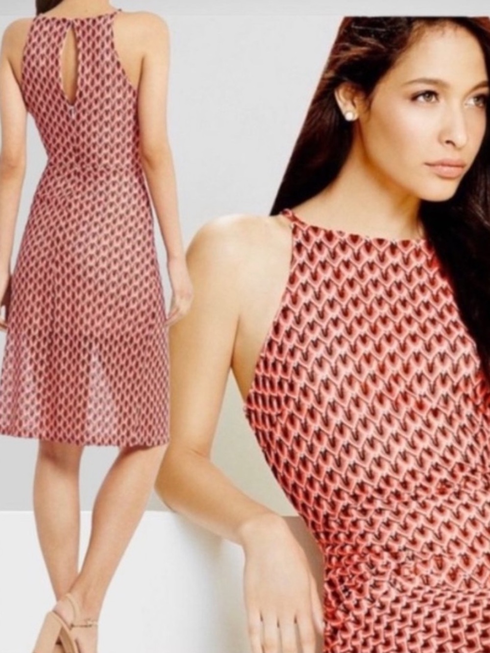 GIANNI BINI Crochet Open Weave Coral Brown MIDI Halter Dress Stretch Size Medium